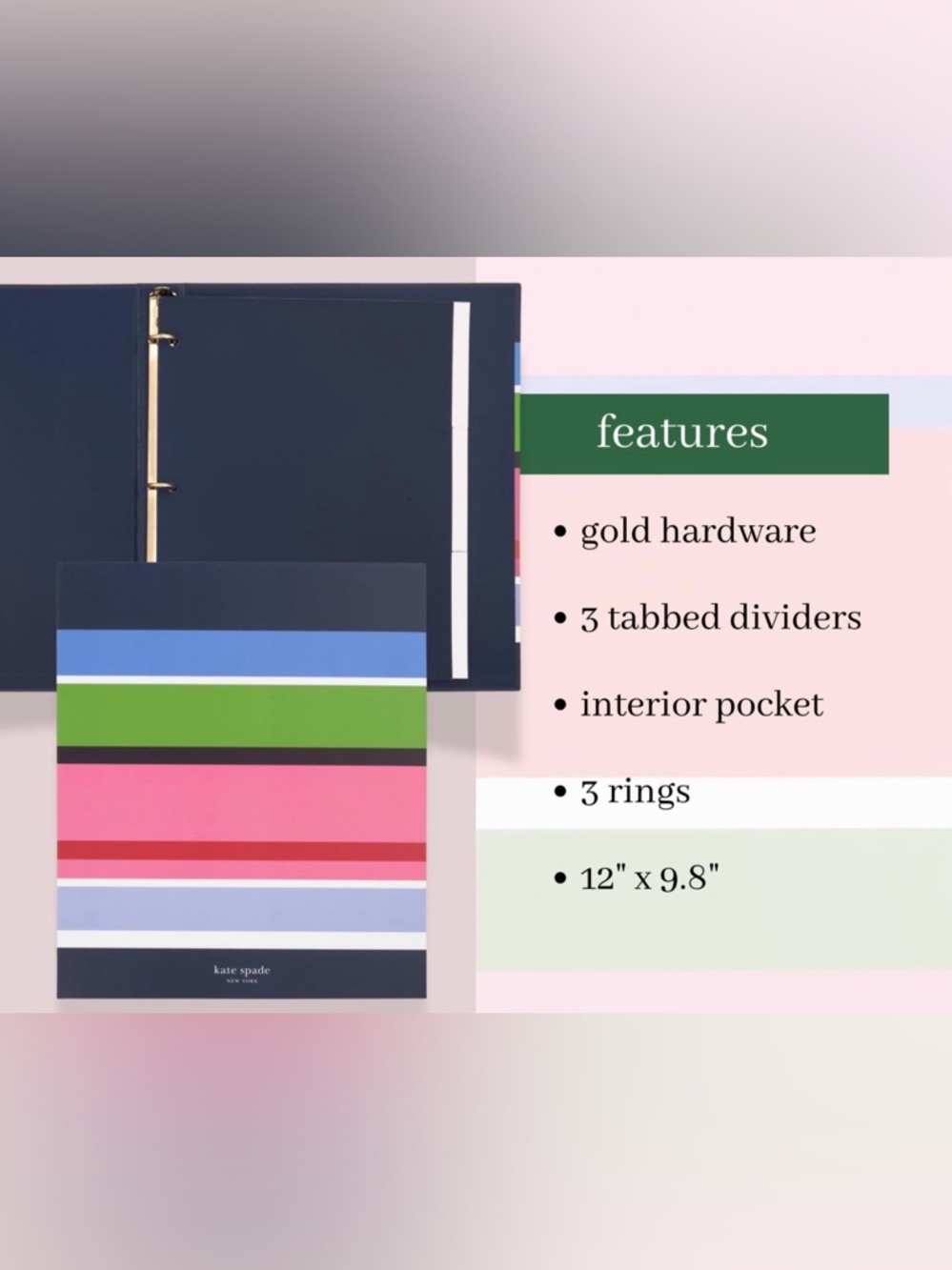 New Kate Spade Three Ring Binder, Sunny Day Stripe - Picture 5 of 5